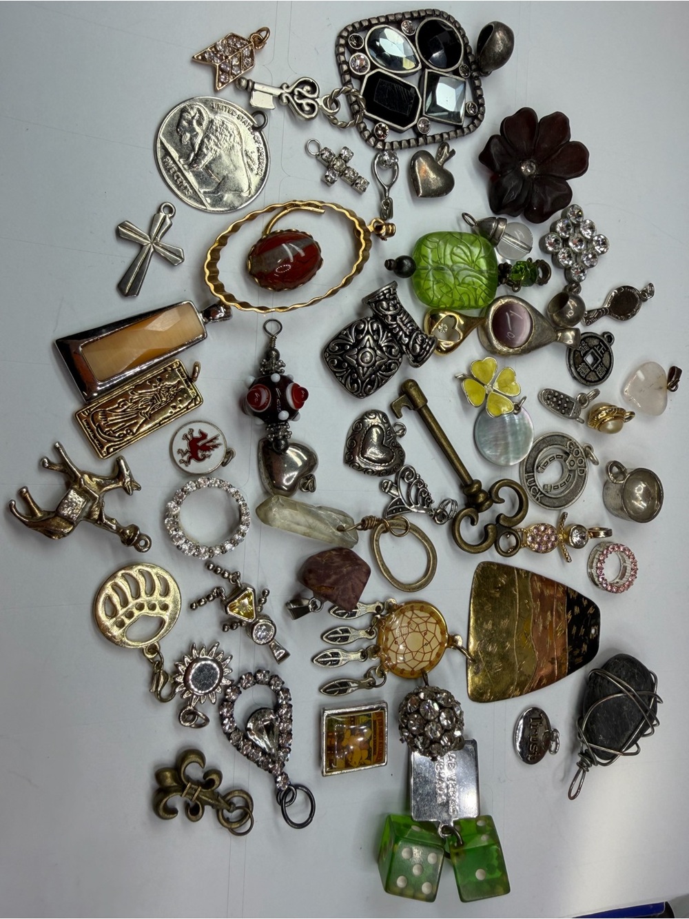 50 Pc Vintage Pendant Charm Findings Lot Rhinestone MOP Glass Mixed Jewelry